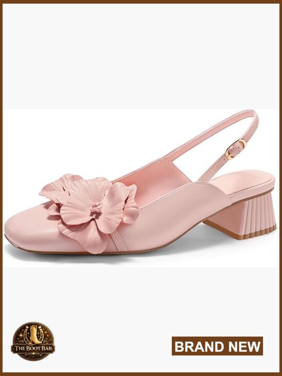 Shoes - Slingback Chunky Heels Flower Square Toe Pumps Dress Shoes